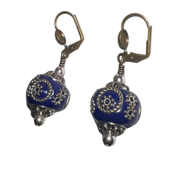 Vintage Mongolian Beads Bollywood Earrings Clip On Dangle Jewelry Blue Silver - Picture 2 of 4